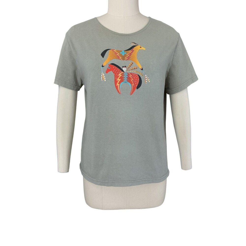 Sabaku Artwear T-Shirt Top L Horses Southwestern Original Art Short Sleeve Grey